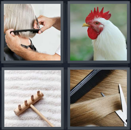 4 Pics 1 Word Answer for Haircut, Rooster, Zen, Scissors