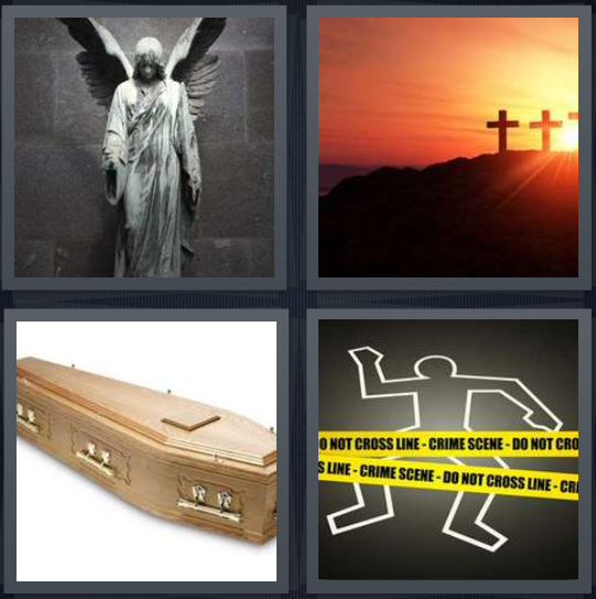 4 Pics 1 Word Answer for Angel, Crosses, Coffin, Crime scene