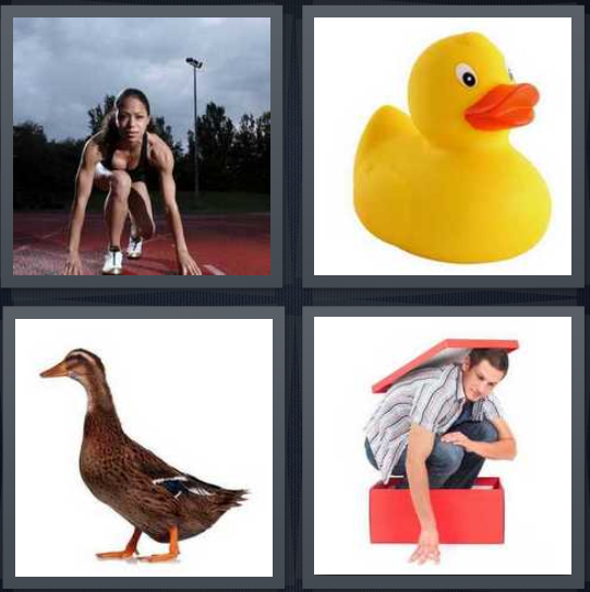 4 Pics 1 Word Answer for Racer, Rubber, Mallard, Crouch