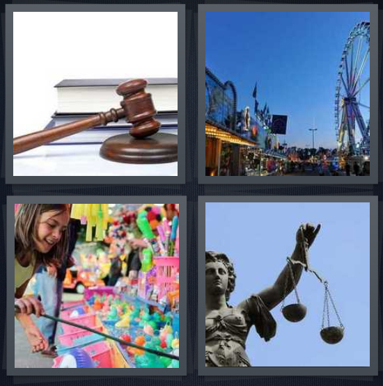 4 Pics 1 Word Answer for Judge, Ferris Wheel, Carnival, Justice