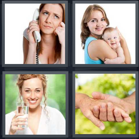 4 Pics 1 Word Answer for Phone, Mother, Glass, Hands