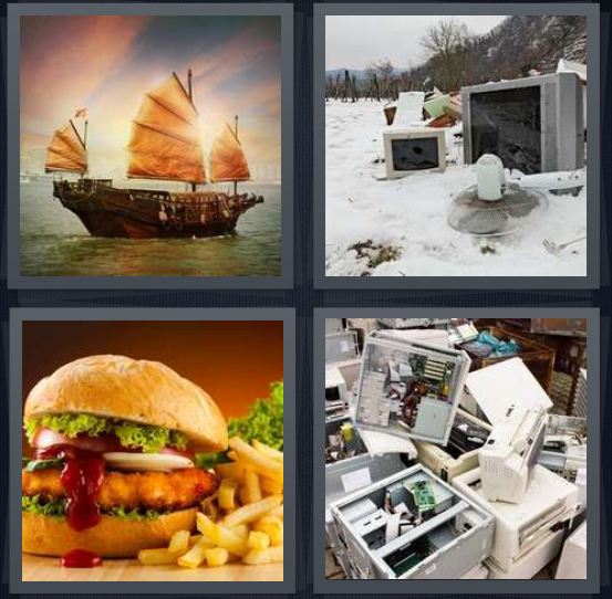 4 Pics 1 Word Answer for Ship, Trash, Burger, Machines