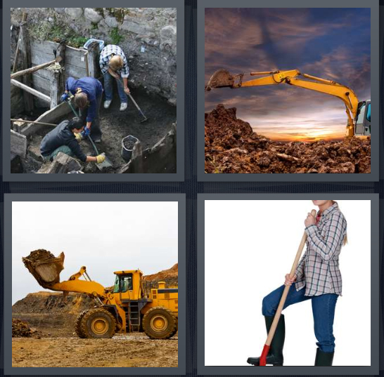 4 Pics 1 Word Answer for Mine, Bulldoze, Construction, Shovel