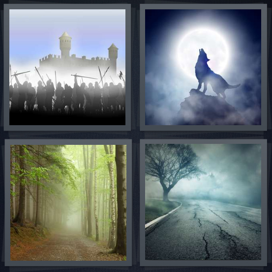4 Pics 1 Word Answer for Knights, Howl, Forest, Mist