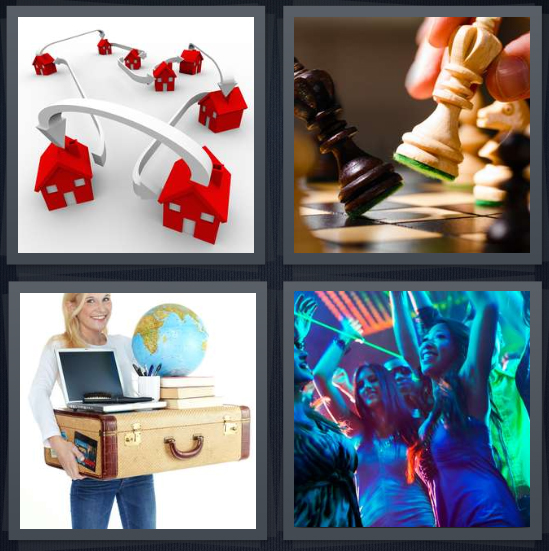 4 Pics 1 Word Answer for New House, Chess, Mobilize, Dance