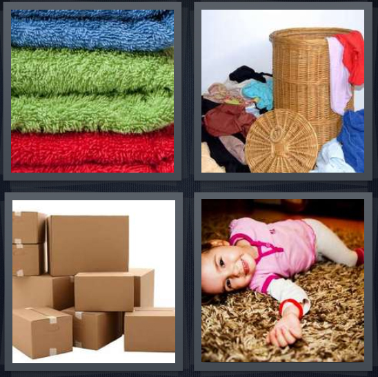 4 Pics 1 Word Answer for Towels, Laundry, Boxes, Child