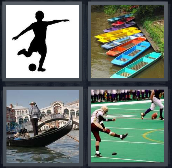 4 Pics 1 Word Answer for Kick, Boat, Gondola, Football