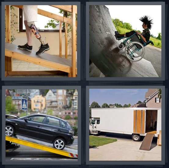 4 Pics 1 Word Answer for Incline, Wheelchair, Car, Moving Truck