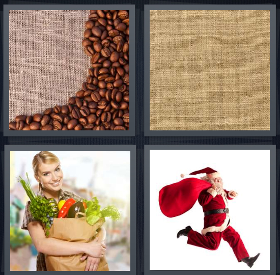 4 Pics 1 Word Answer for Coffee, Burlap, Groceries, Santa