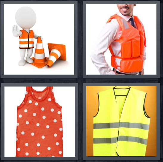 4 Pics 1 Word Answer for Construction, Life Jacket, Tank Top, Traffic