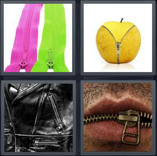 4 Pics 1 Word Answer for Velcro, Apple, Jacket, Zipper