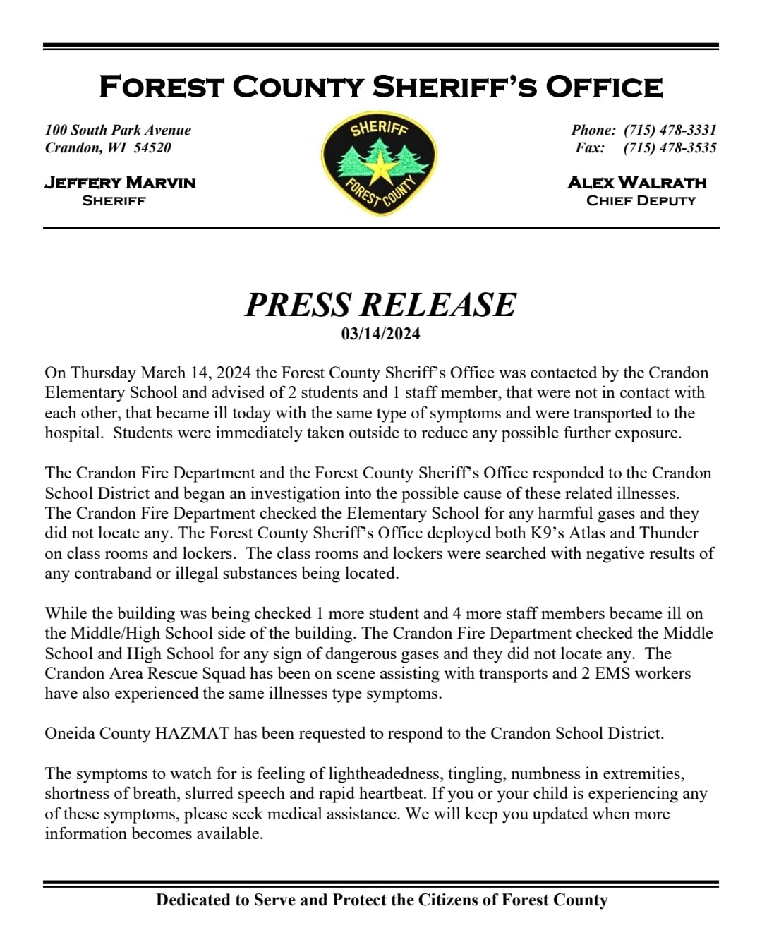 Crandon School District Illness Remains Mysterious