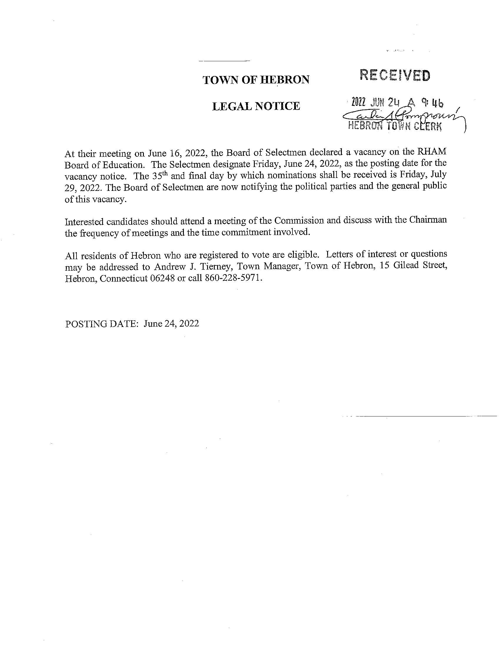 Legal Notice RHAM Board of Education Vacancy Town of Hebron