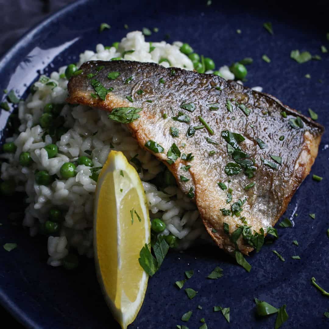 Quick Crispy Sea Bass Risotto with Peas and Lemon The