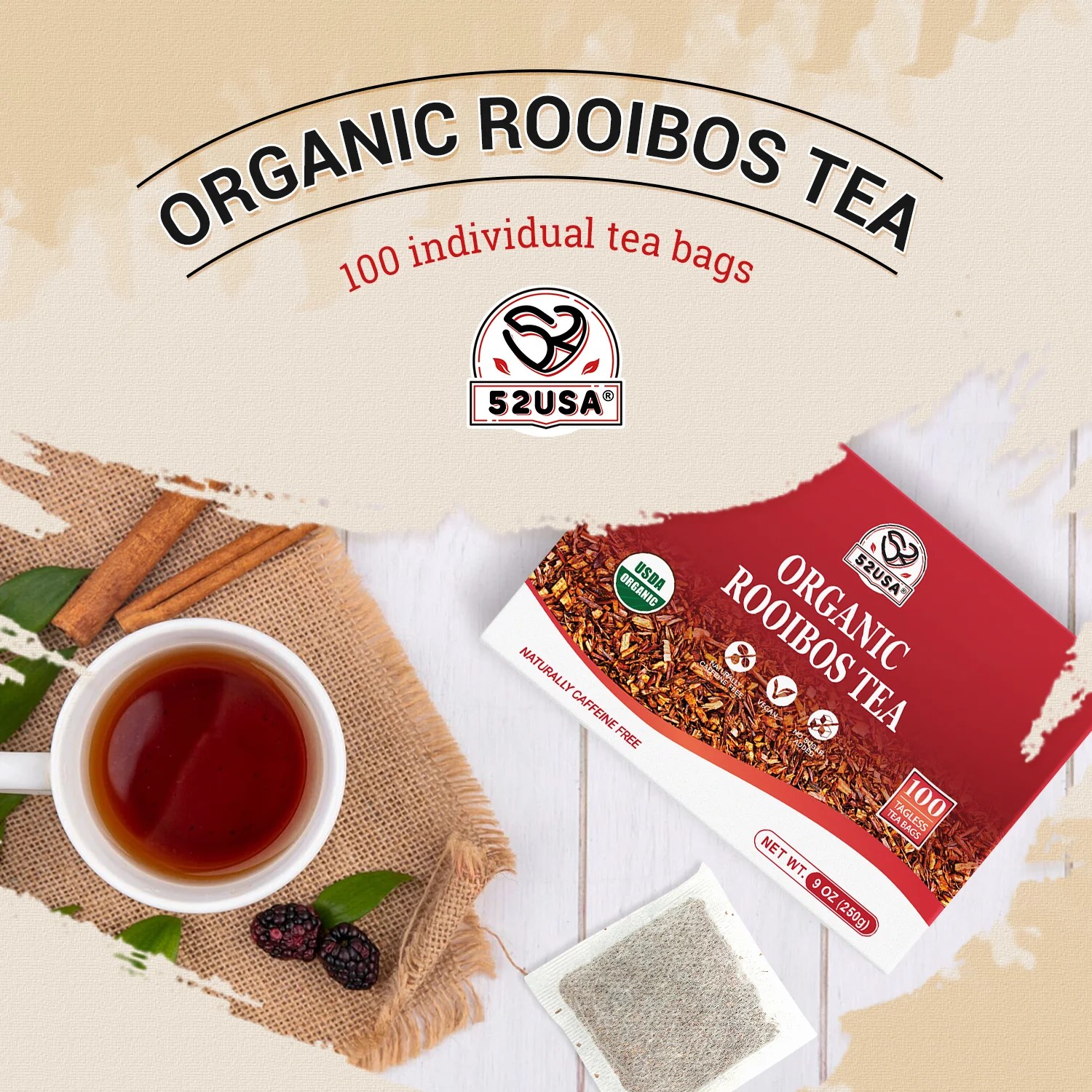 52USA Rooibos Tea Organic, 100 Teabags Heivy