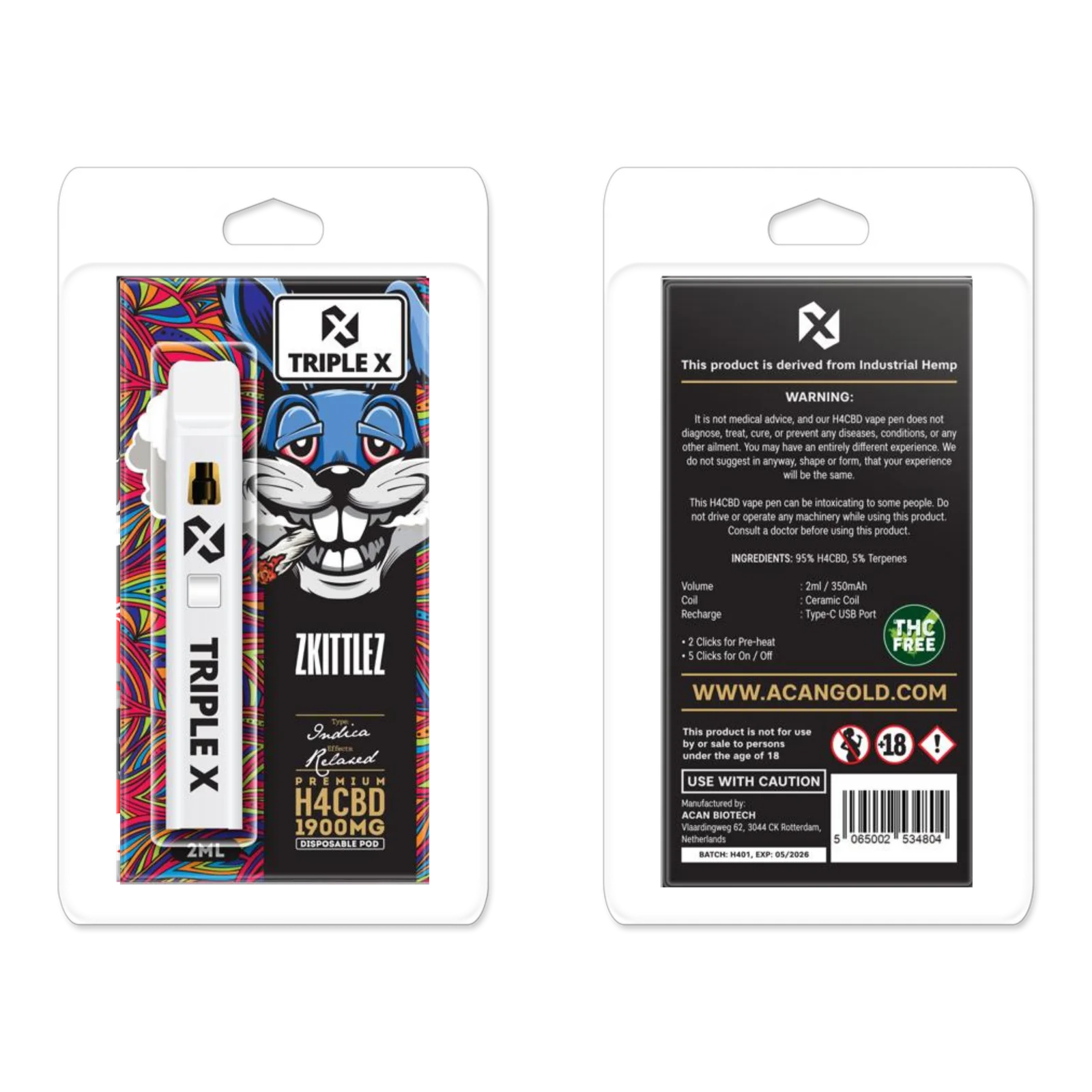 Triple X Zkittlez Premium H4CBD 1900mg 2ml Vape HELD CBD