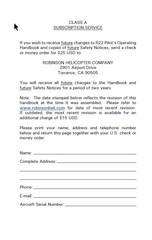 Robinson R22 Pilots Operating Handbook RTR 061 Helicopter Manuals