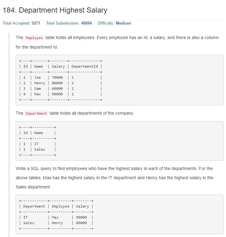 Highest Salary From Employee Table For Each Department Sql