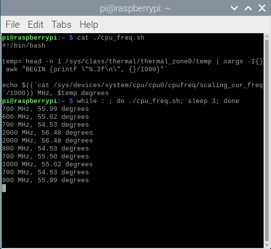 BASH Script to Monitor the CPU Frequency and Temperature on Raspberry