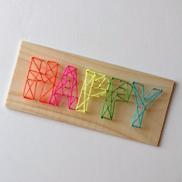 27+ DIY String Art Projects: Neon Happy String Art from Make Haus