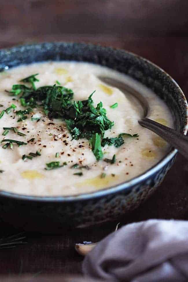Creamy Vegan Cauliflower Soup with Garlic + Rosemary HelloGlow.co
