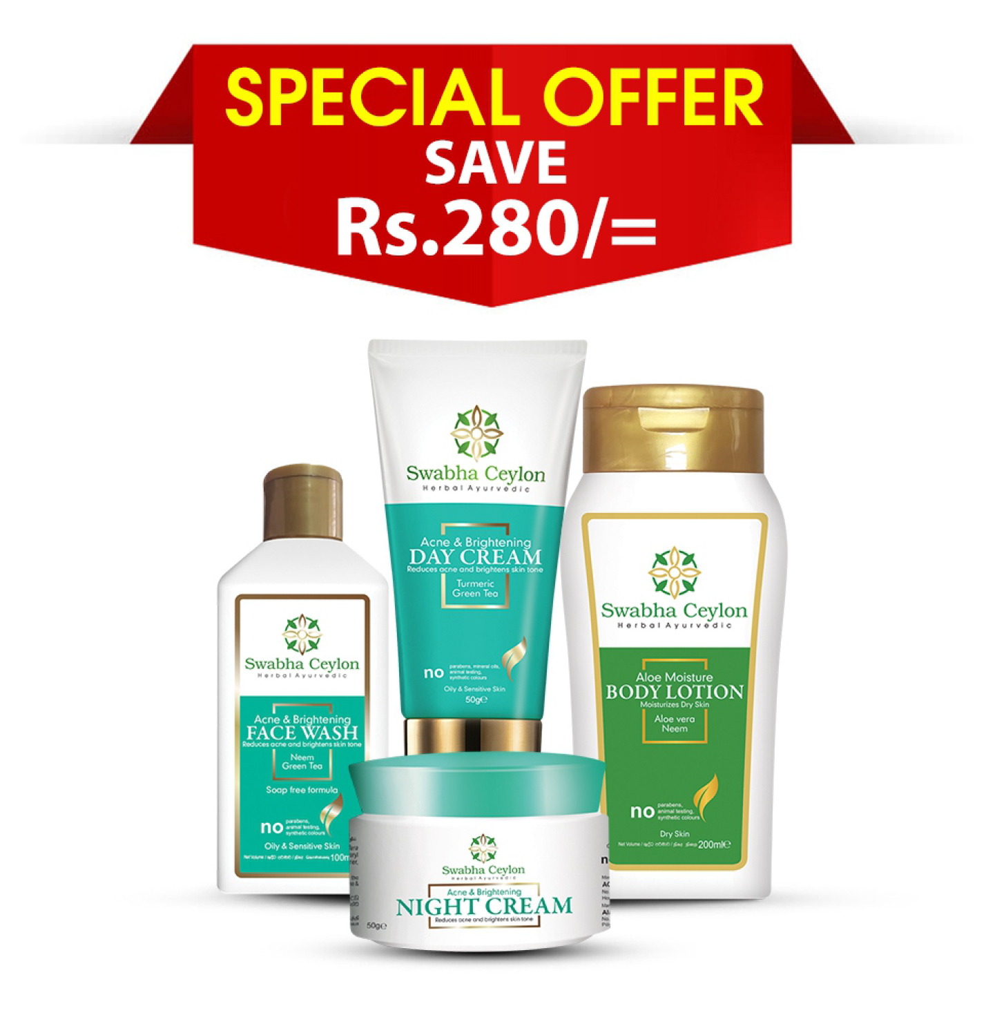 Swabha Ceylon Acne & Brightening Range with Swabha Ceylon Aloe Moisture