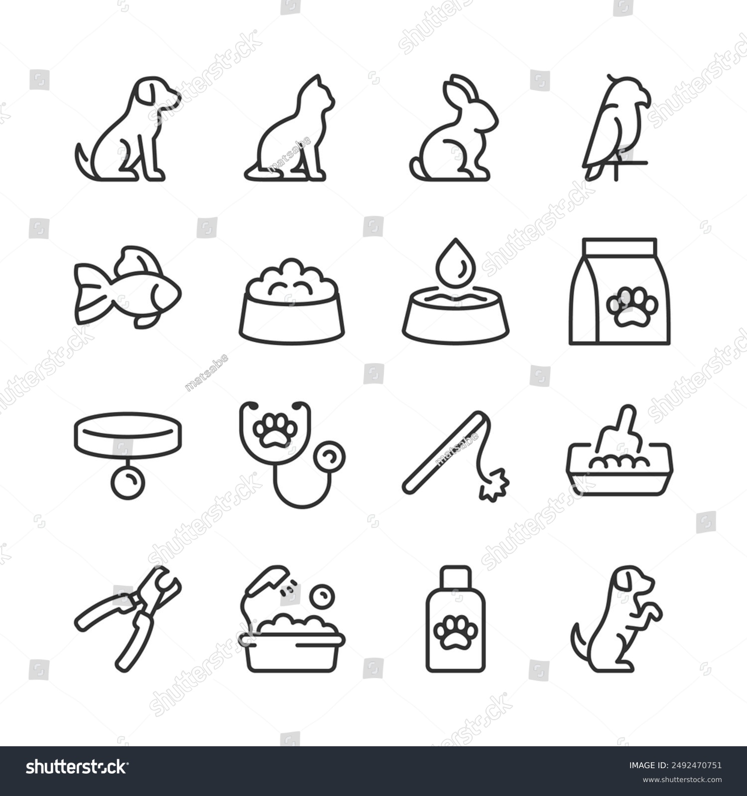 Animals and Pet Care Icon Set. Various Pets and Items for Their Care
