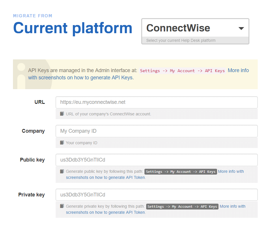 Connecting the ConnectWise with Migration Wizard HDM