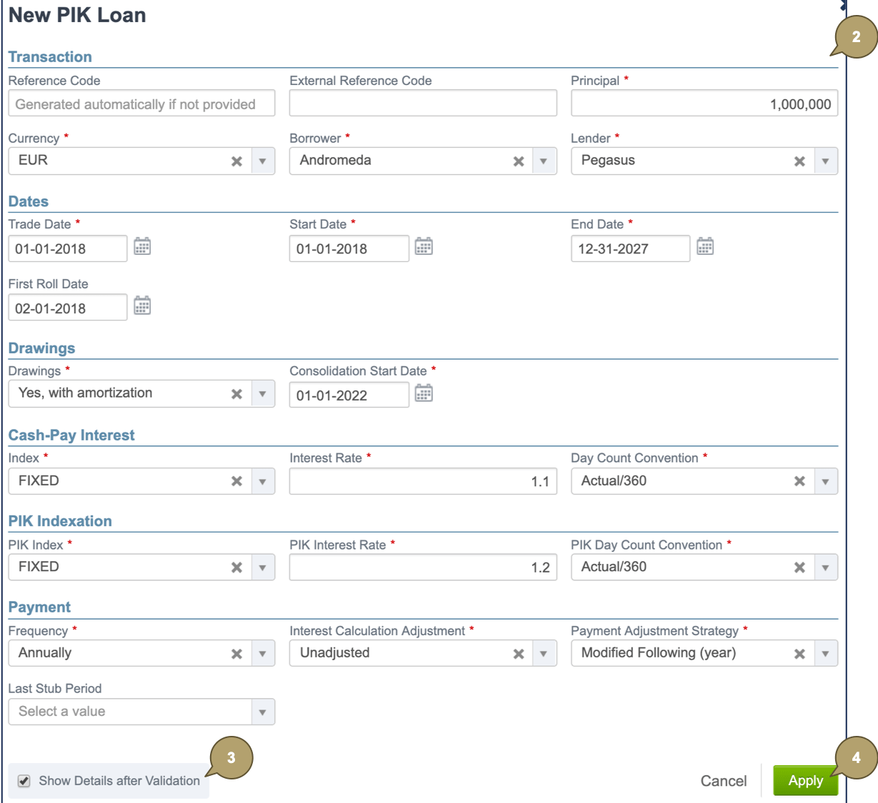 Create a PIK Loan Finance Active