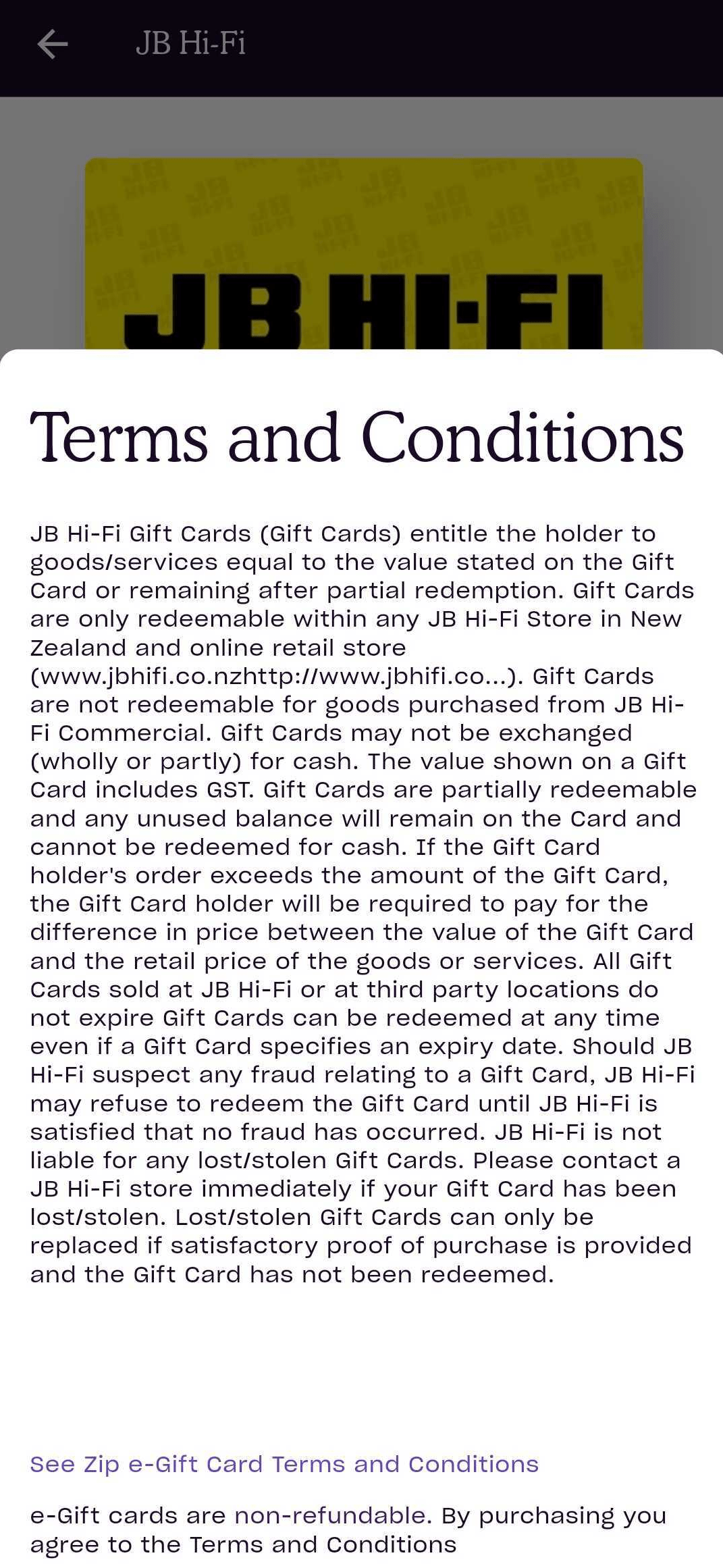 Can I use a gift card I purchased with Zip for instore payments? Zip