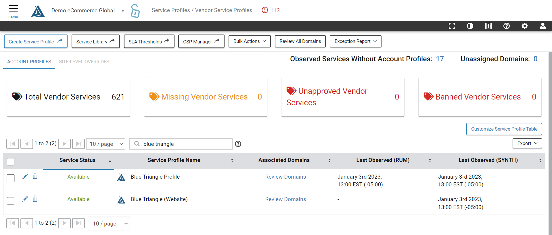 What are service profiles? Aternity UJI