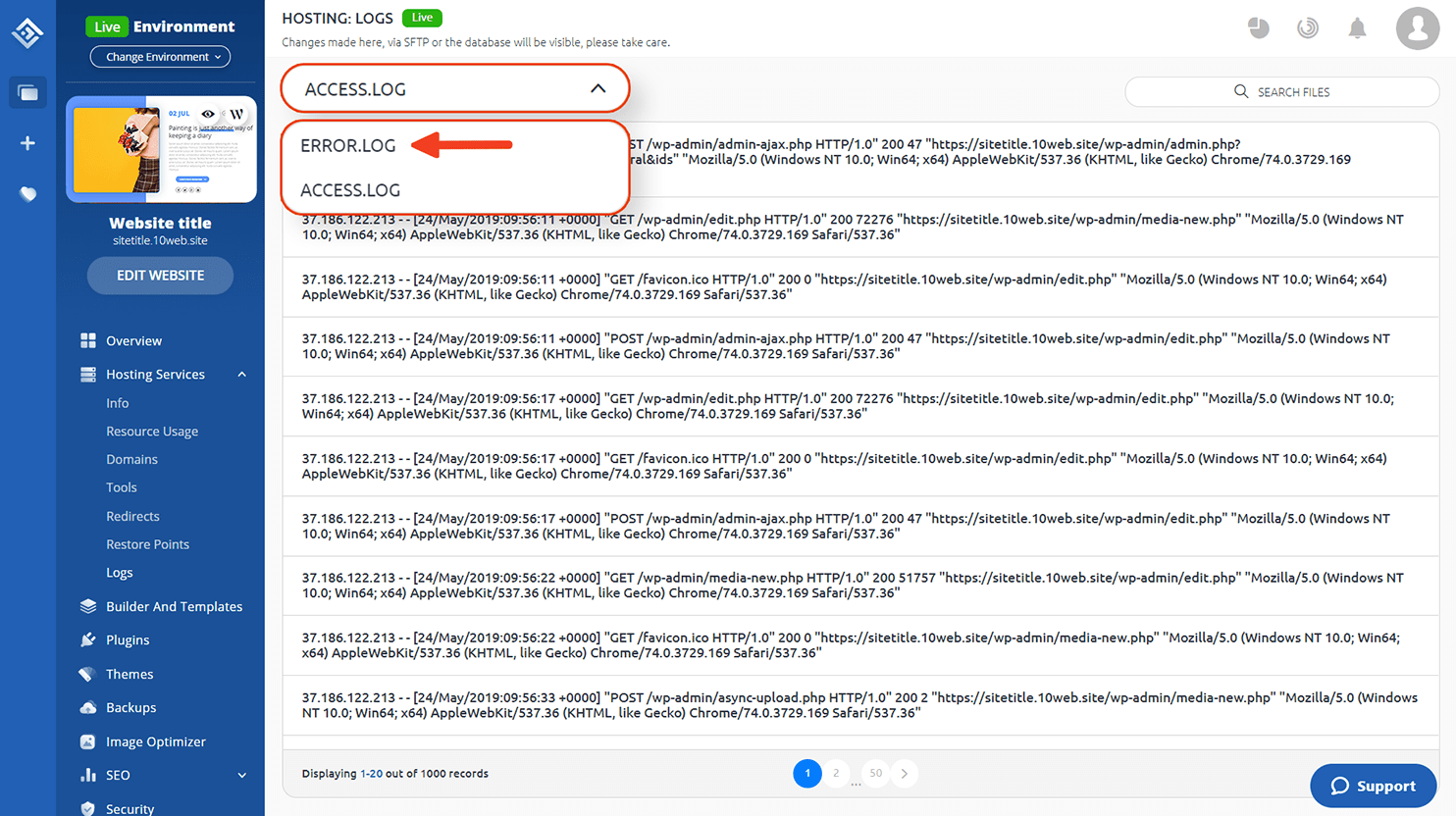 How do I access the PHP/Apache error log for my account? 10Web Help