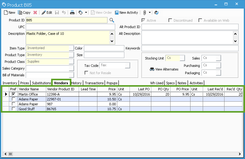 Maintaining and tracking vendor product information.