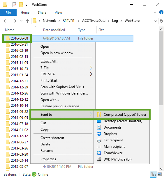 Navigating to the Acctivate Webstore log file.