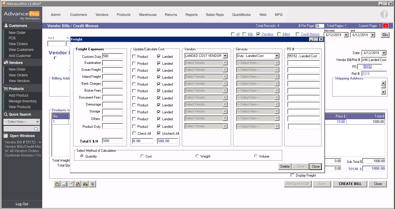 Tracking AdvancePro Landed Cost on Quickbooks