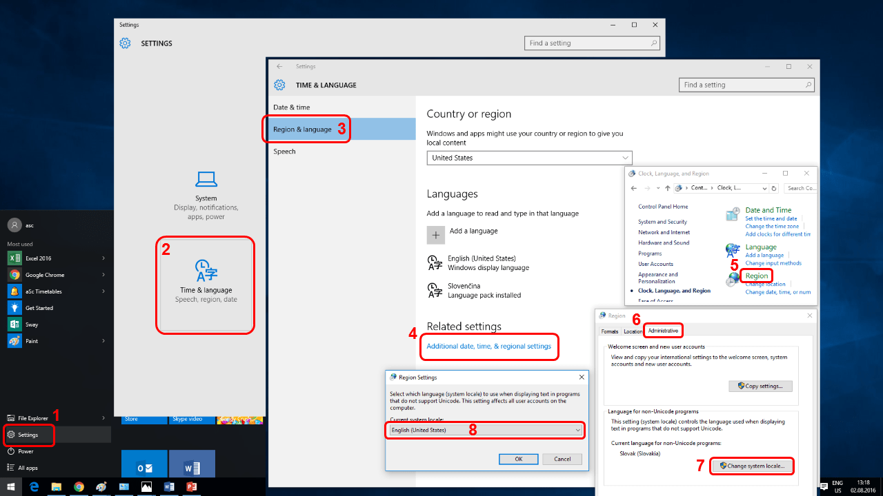How to set Regional and Language options aSc Timetables