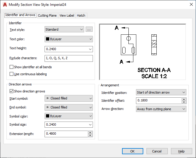Identifier and Arrows Tab (Section View Style Manager)