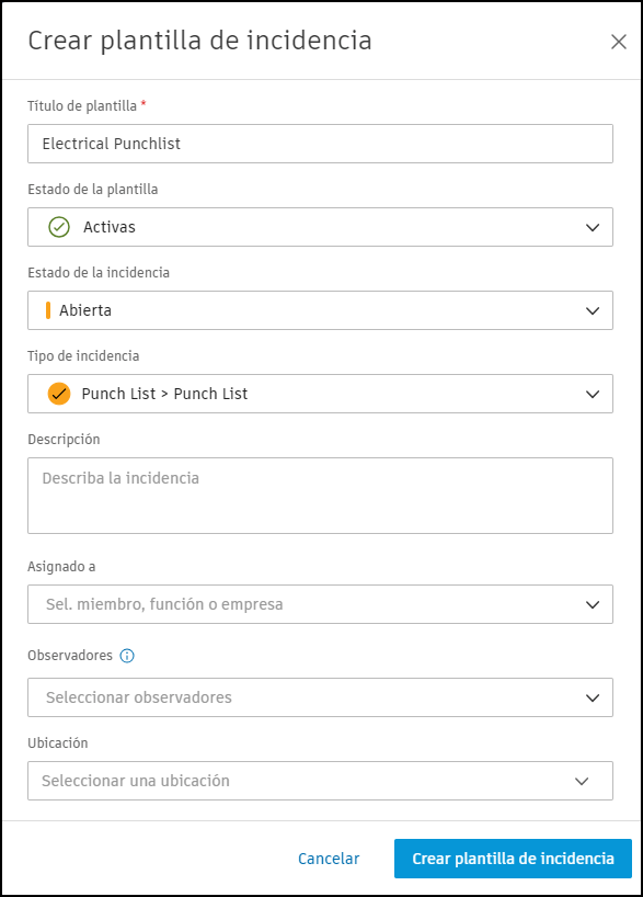 Plantillas de incidencias