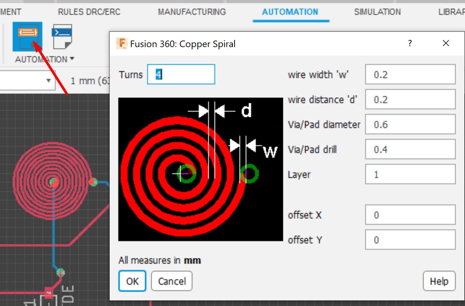 How to create coil in the 2D PCB in Fusion 360
