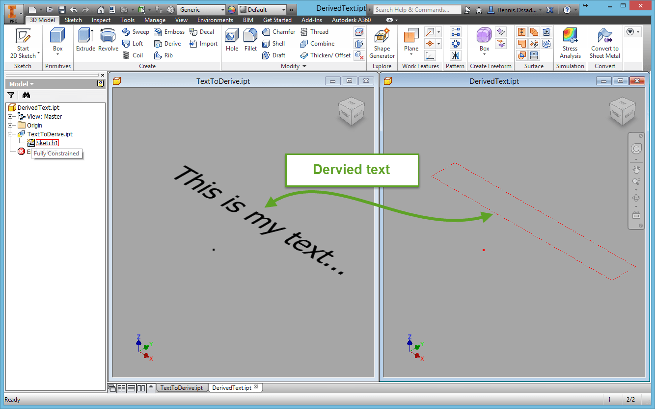 Inventor Sketched text cannot be derived Inventor