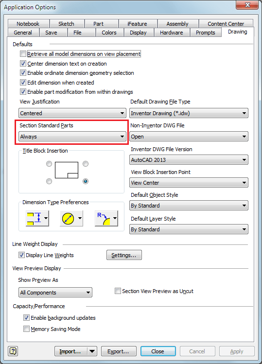 Standard parts not included in section view in Inventor drawing