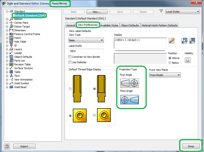 How to set first or third angle projection view in Inventor drawing
