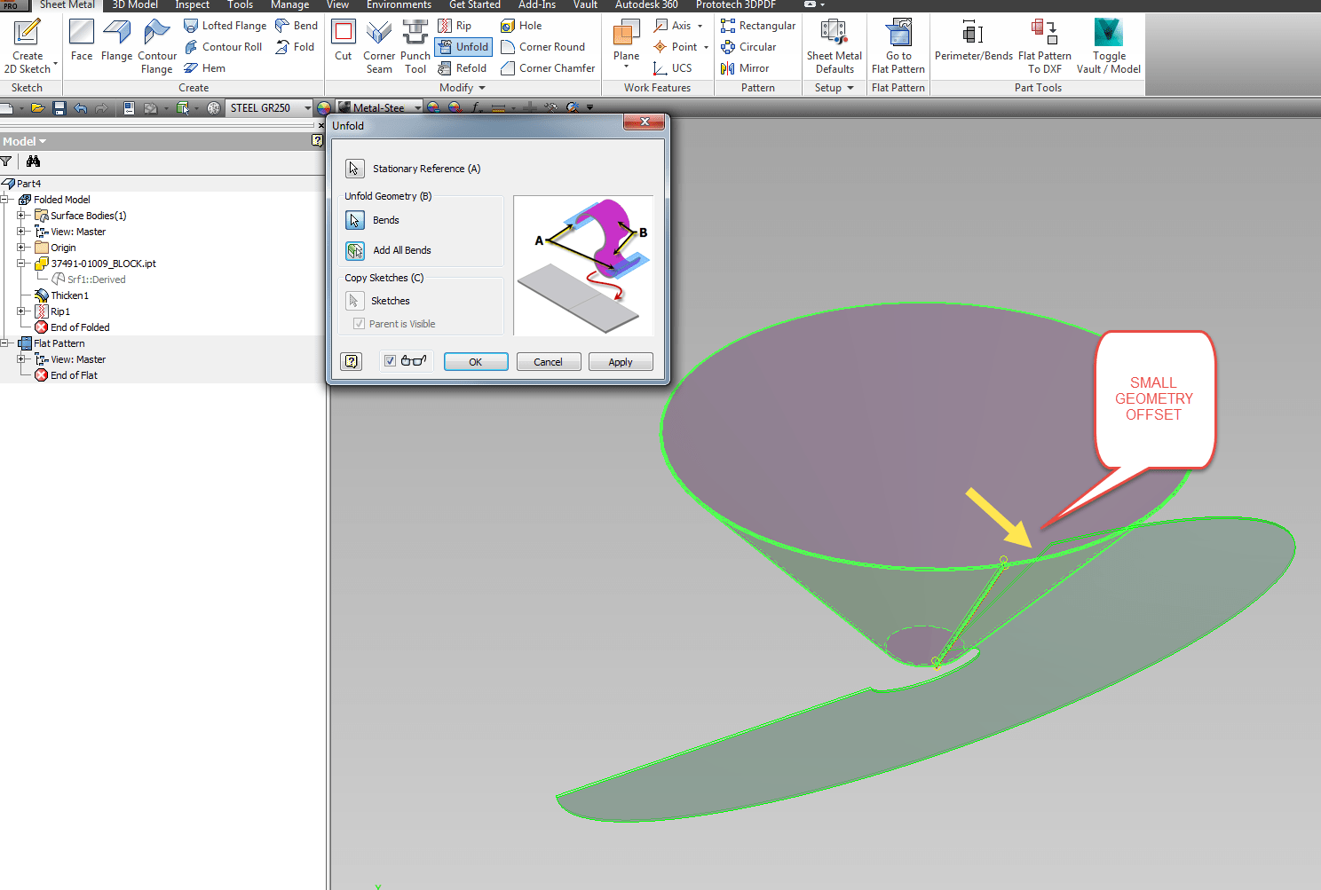 Unable to unfold/refold a lofted flange sheet metal part Inventor