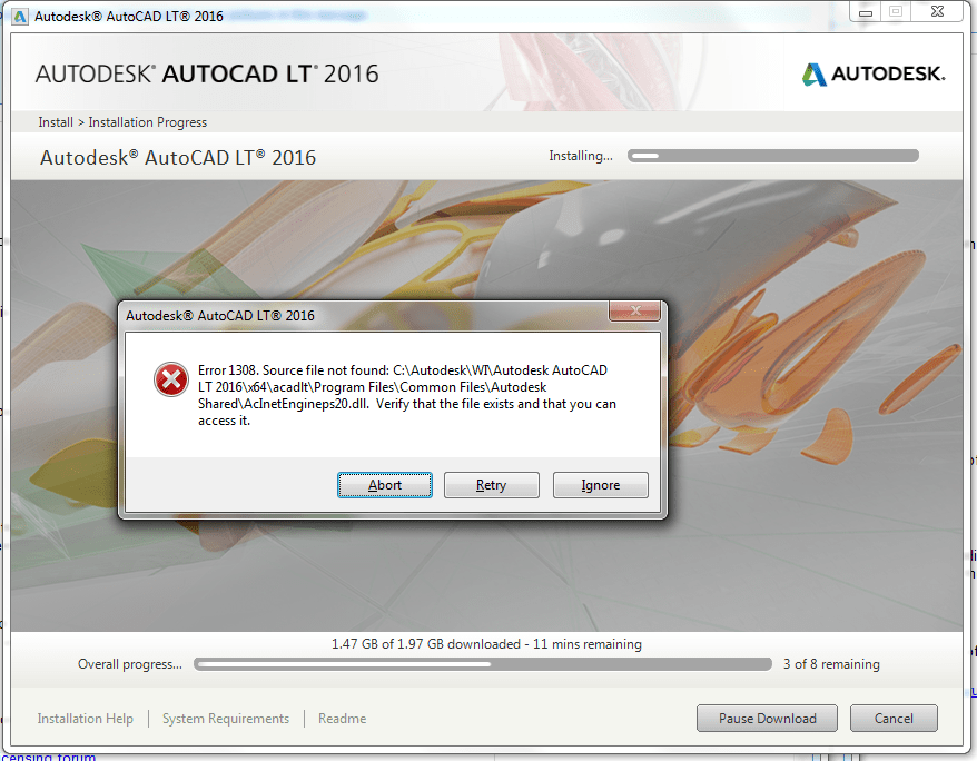"Error 1308 Source file not found" when installing Autodesk software