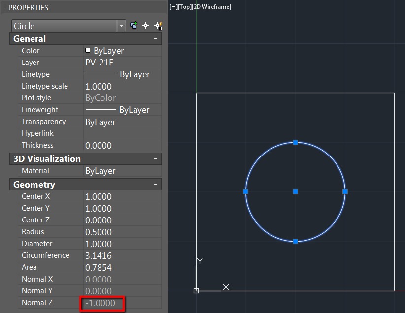 Zeichnung enthält den Wert 1 für die Eigenschaft "Normale Z" von