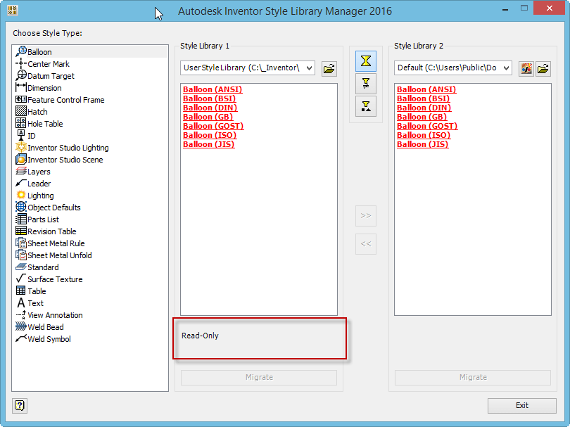 Inventor 2016 [スタイル ライブラリ マネージャ]でスタイル ライブラリを移行すると、ライブラリが読み込み専用になる