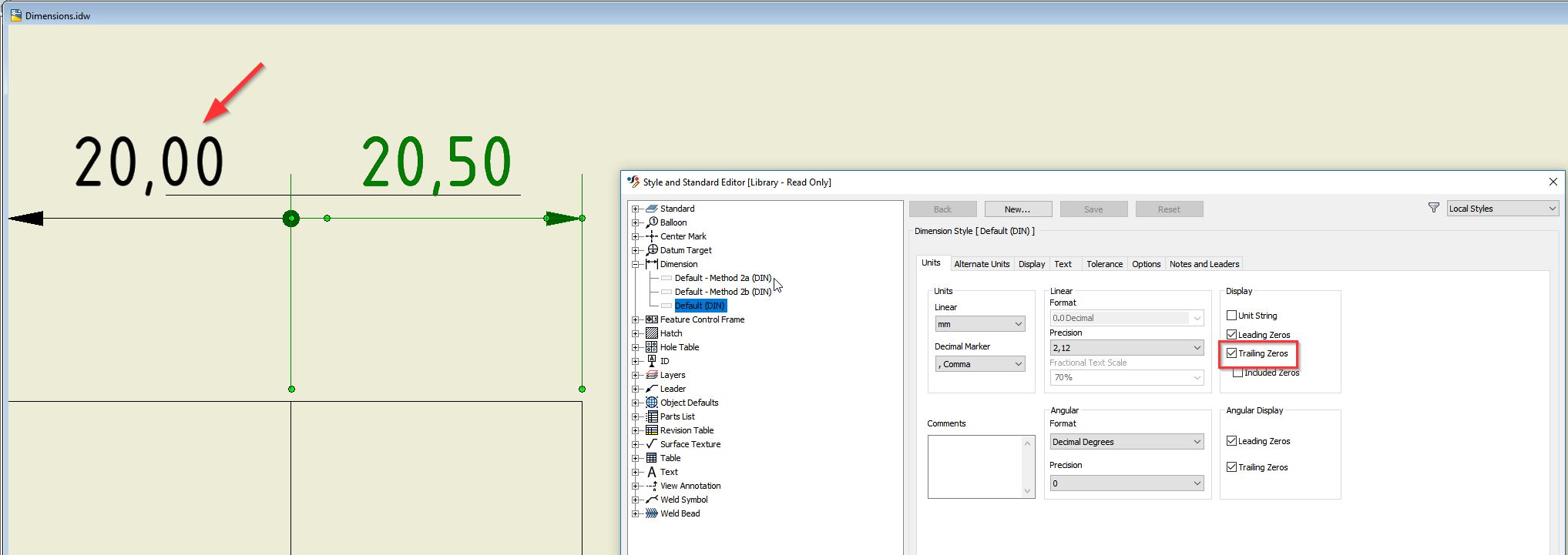 Inconsistent gap between dimension line and text for comma separated