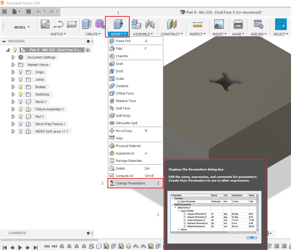 How to find a Parameters dialog box in Fusion 360 Fusion 360