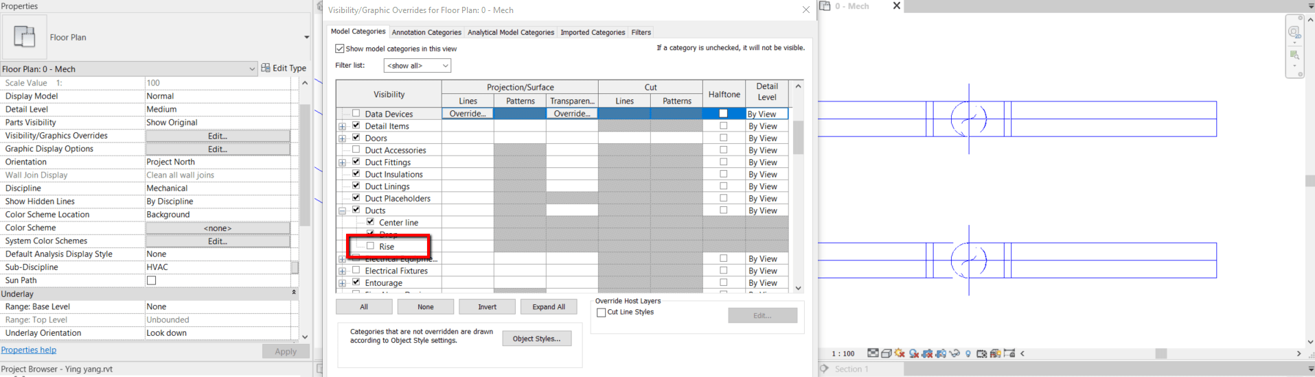 Wrong display of rise symbol on ducts if duct accessory is added in