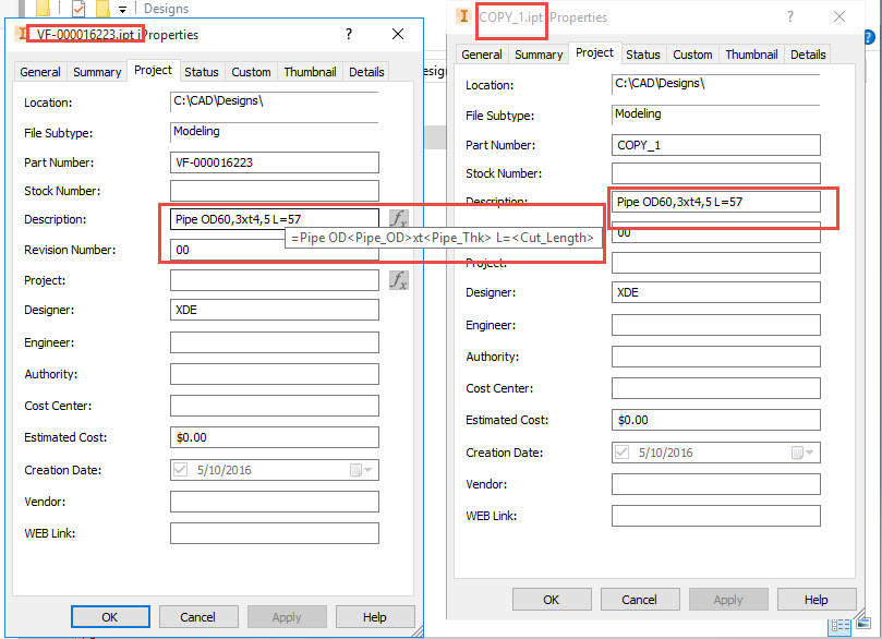 Vault Copy Design 명령은 iProperties 표현식을 삭제합니다.